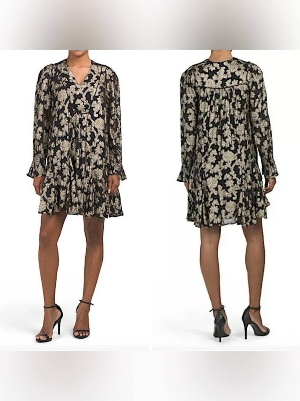 Anthropologie XS Metallic Floral Jacquard Long Sleeve Babydoll Mini Dress NWT